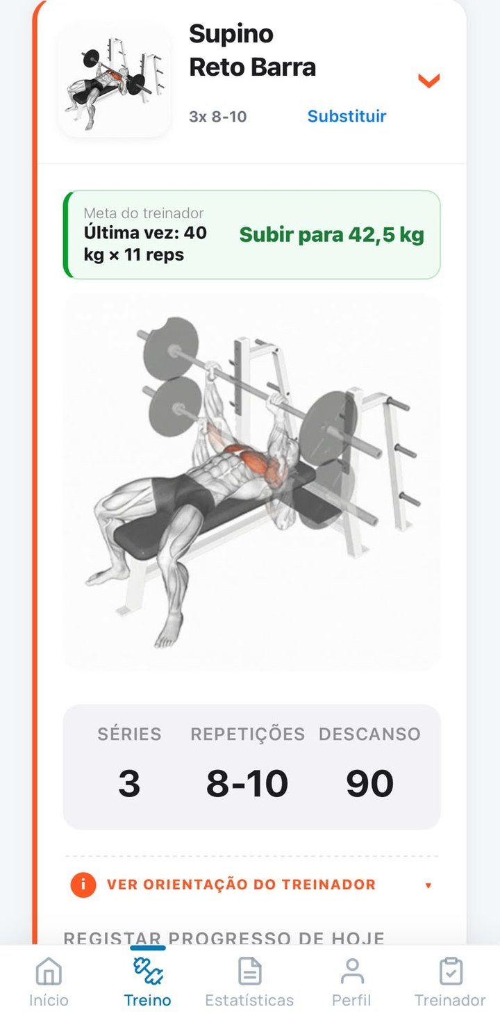 Card do exercício no aplicativo com a meta de carga prescrita pelo treinador