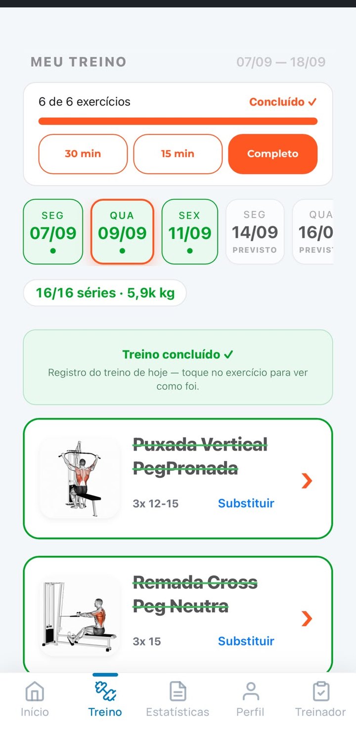 Semana atual e a próxima no aplicativo, com as versões de 30 e 15 minutos